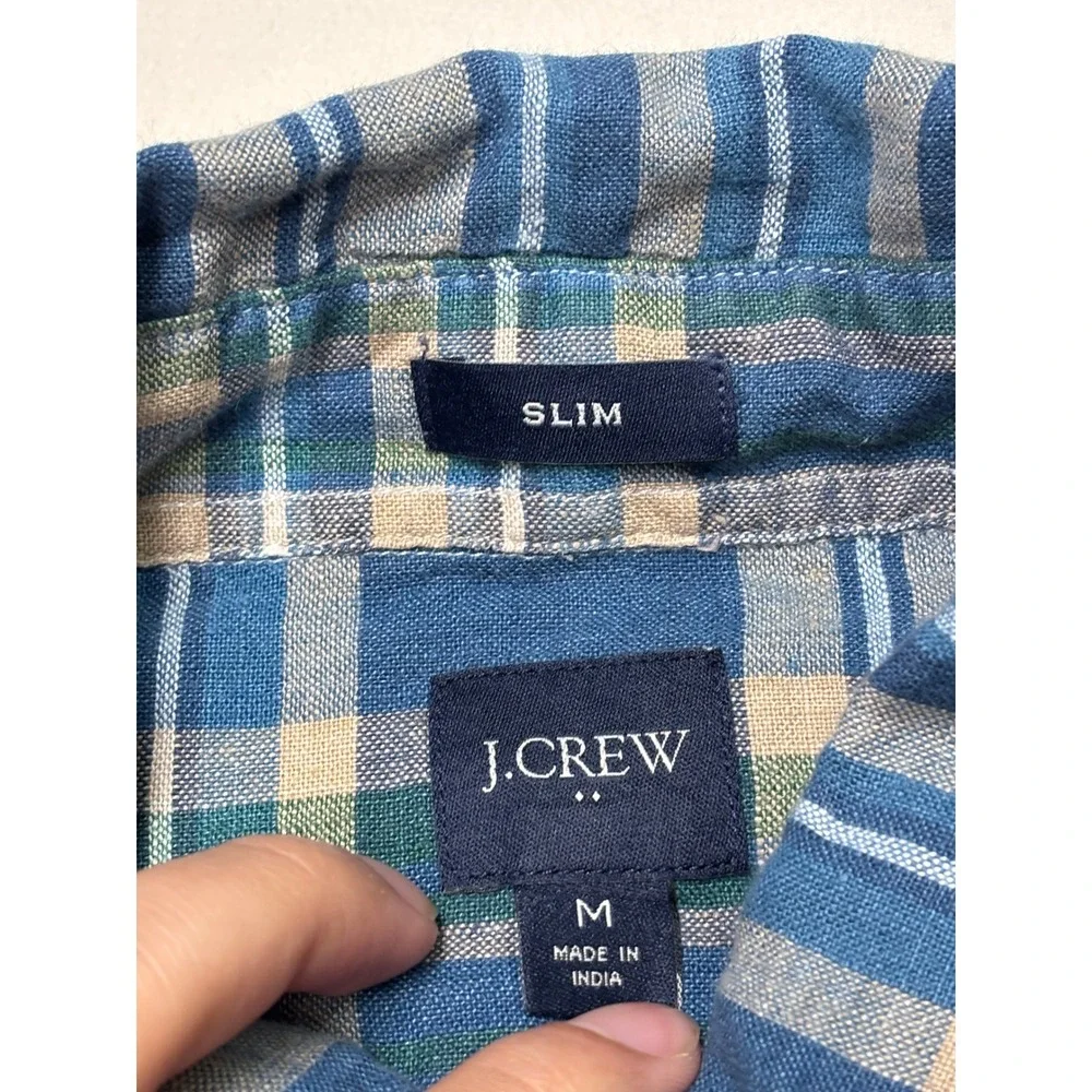 J. Crew Slim Fit Linen Cotton Plaid Short Sleeve Shirt Blue Green BP972 Mens M